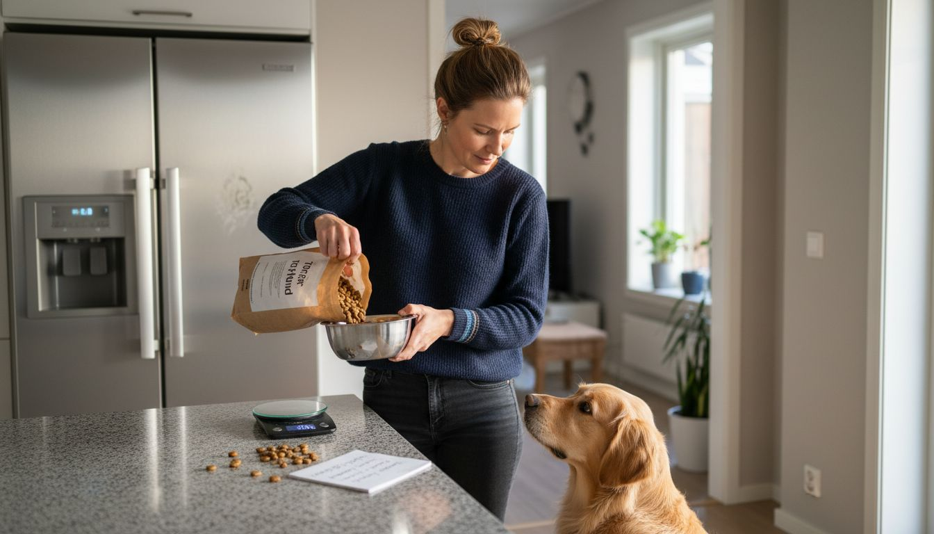 En kvinne står på det lyse kjøkkenet og måler opp mat til hunden sin.