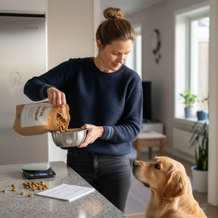 En kvinne står på det lyse kjøkkenet og måler opp mat til hunden sin.