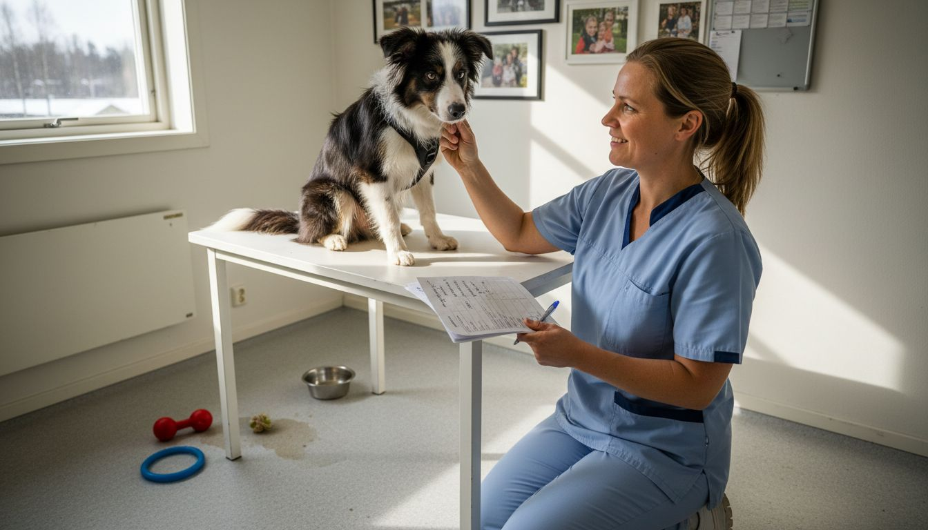 Veterinæren sjekker hundens helsetilstand og vurderer hva den trenger.