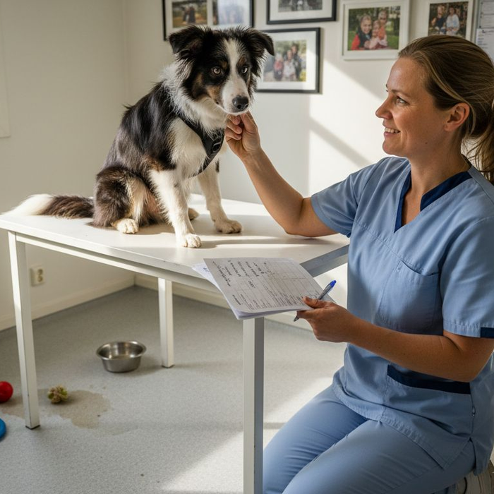 Veterinæren sjekker hundens helsetilstand og vurderer hva den trenger.