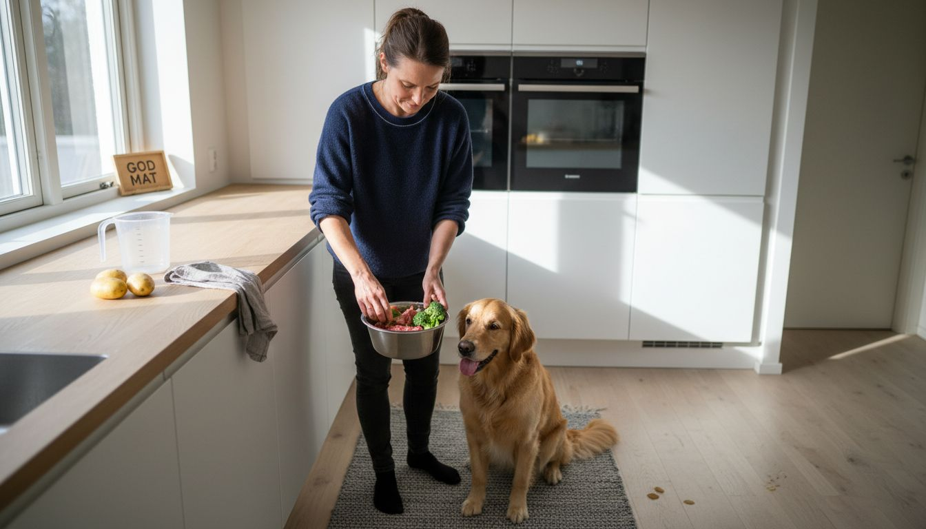En kvinne lager hjemmelaget hundemat med naturlige ingredienser