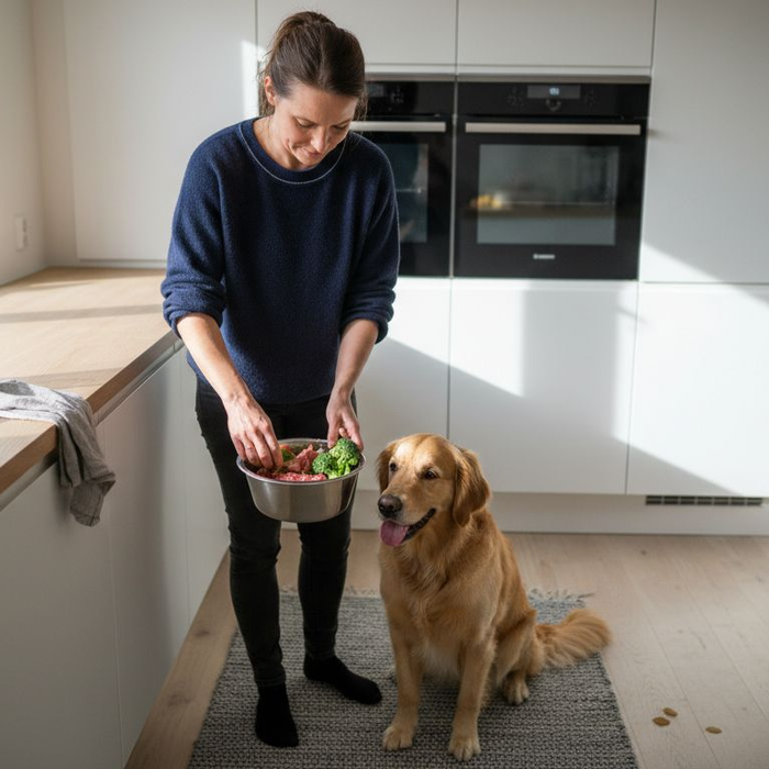 En kvinne lager hjemmelaget hundemat med naturlige ingredienser