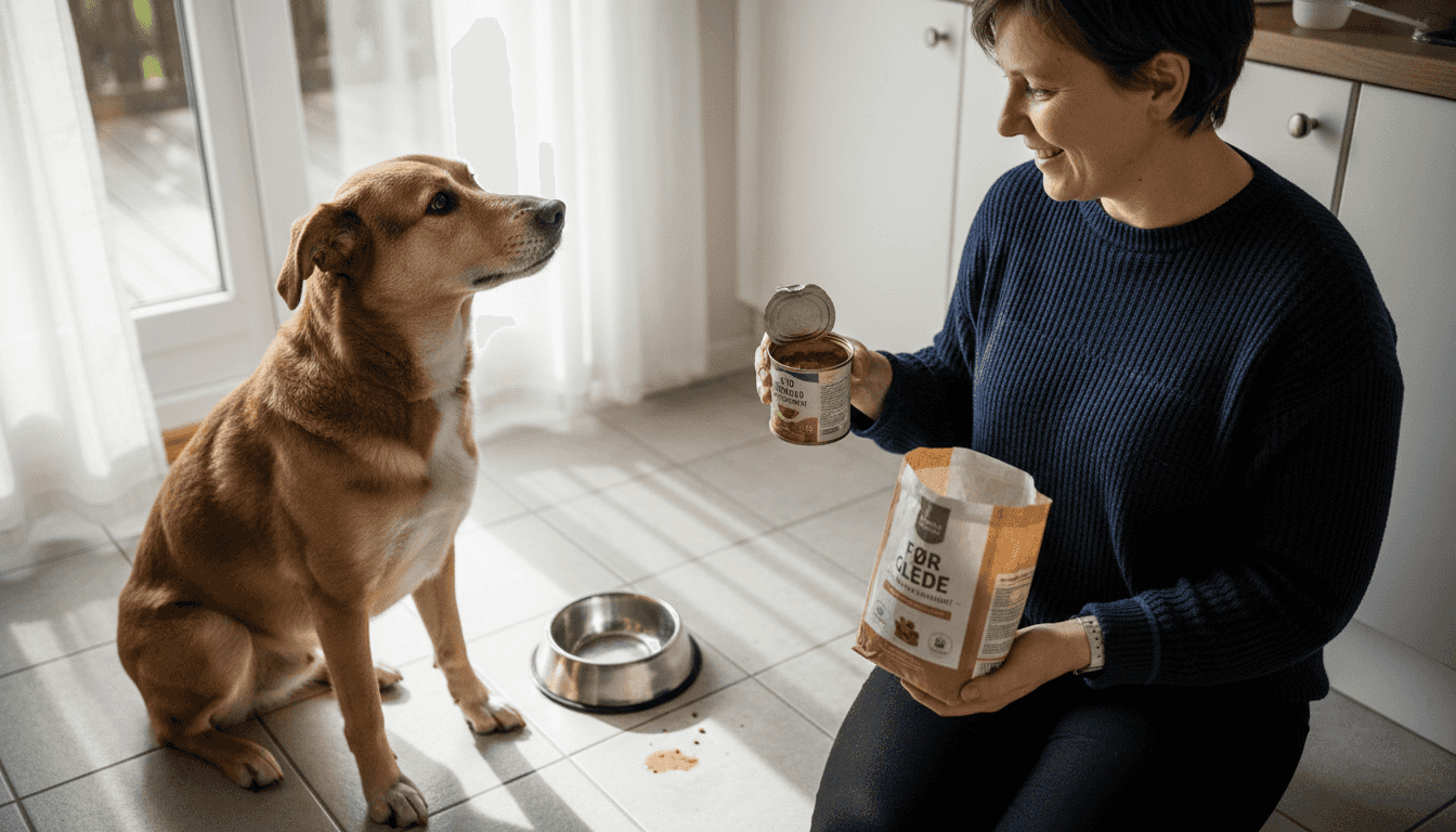 En hund står ved matskålen og vurderer om den skal velge våtfôr eller tørrfôr.