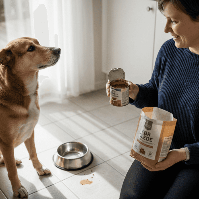 En hund står ved matskålen og vurderer om den skal velge våtfôr eller tørrfôr.