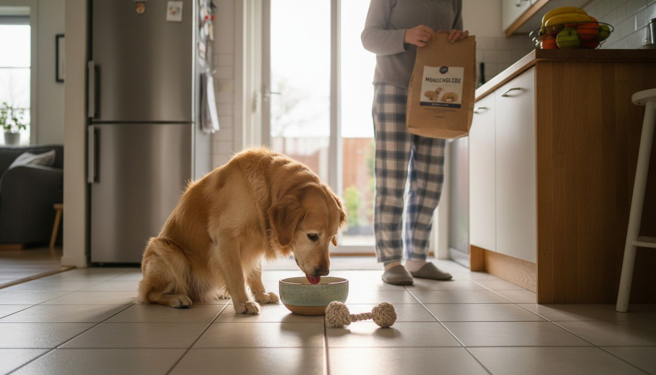 Hunden koser seg hjemme med spesialfôr som hjelper mot stress.