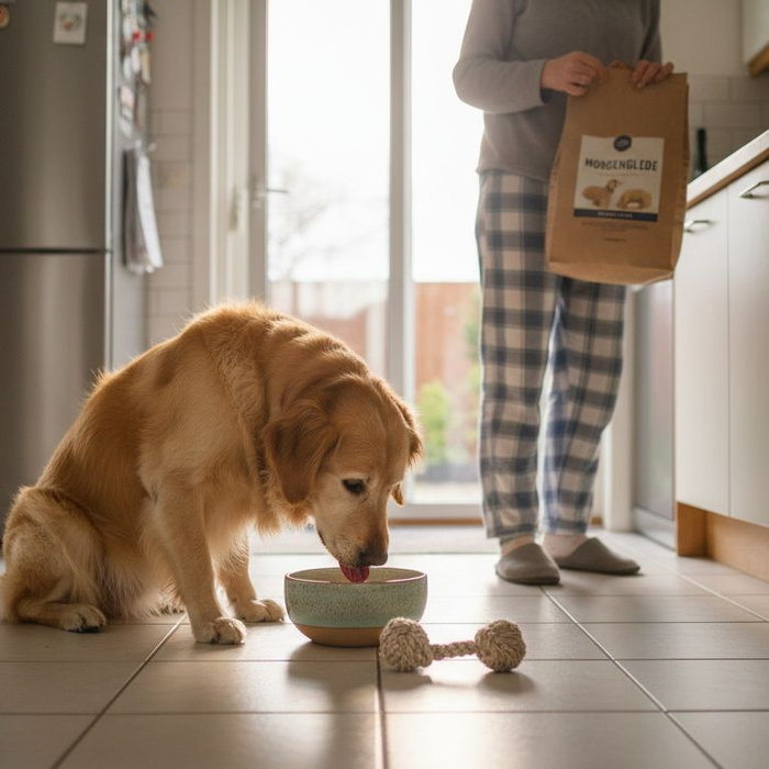 Hunden koser seg hjemme med spesialfôr som hjelper mot stress.