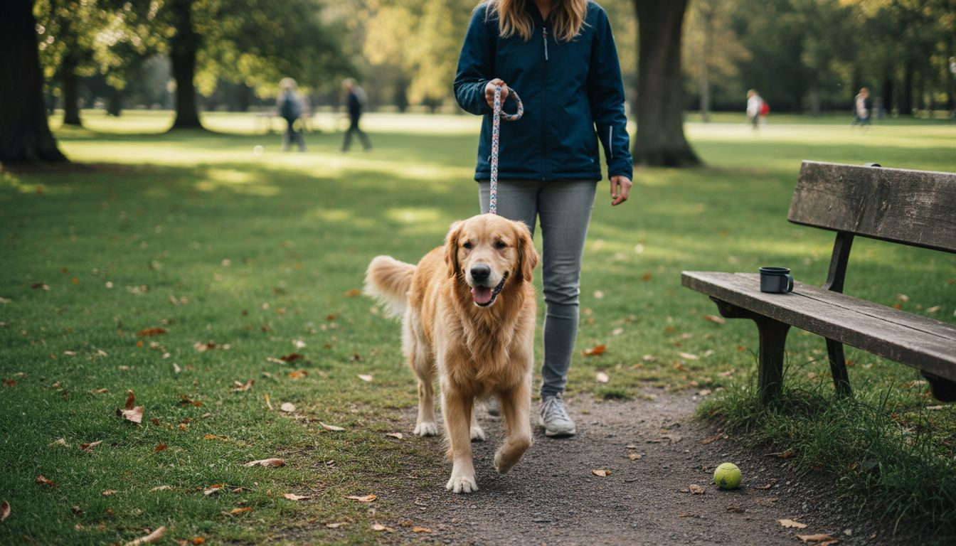 En lykkelig golden retriever rusler rundt i parken og snuser nysgjerrig på alt den kommer over.
