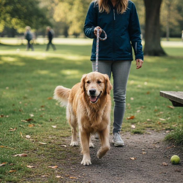 En lykkelig golden retriever rusler rundt i parken og snuser nysgjerrig på alt den kommer over.