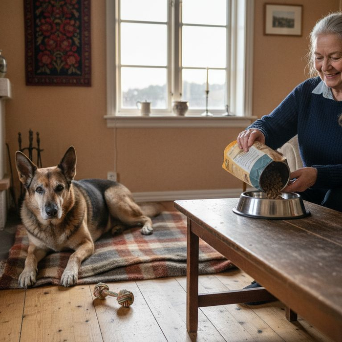 En eldre hund sammen med eieren sin og en matskål i stua