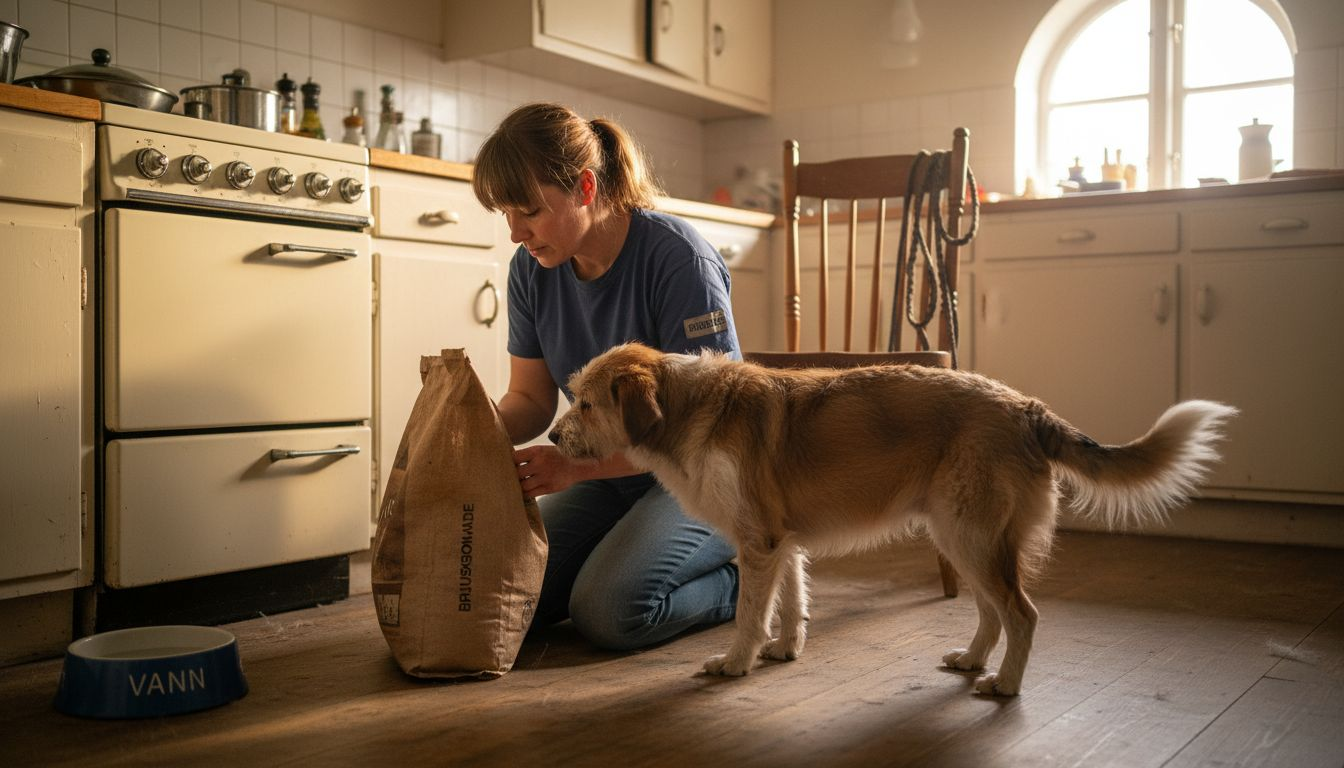 En kvinne står på kjøkkenet og studerer innholdsfortegnelsen på hundematen.