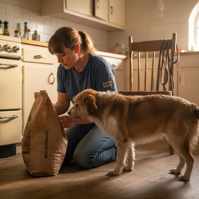 En kvinne står på kjøkkenet og studerer innholdsfortegnelsen på hundematen.