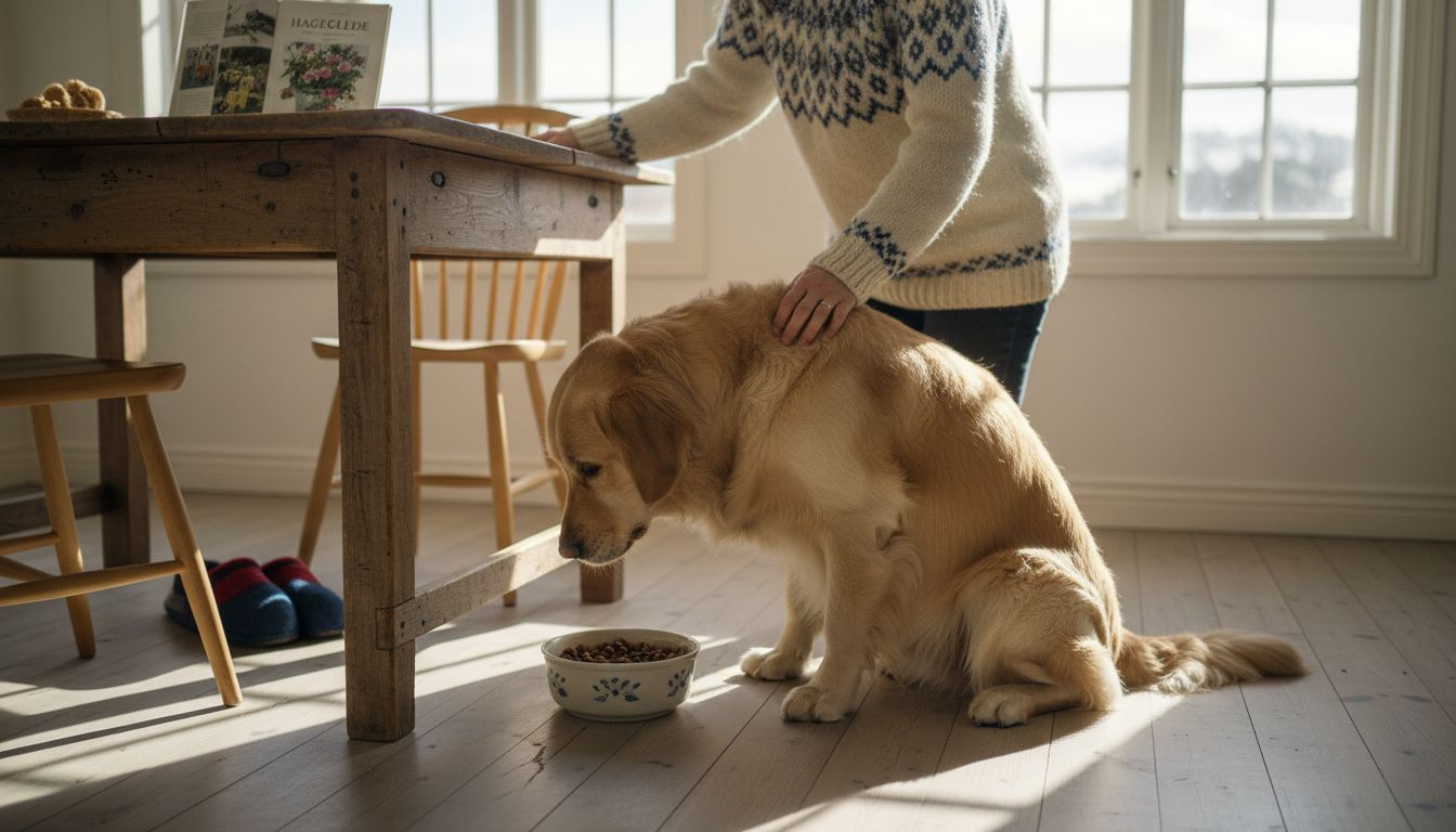En hund som koser seg med bærekraftig mat i et varmt og hjemmekoselig kjøkken.