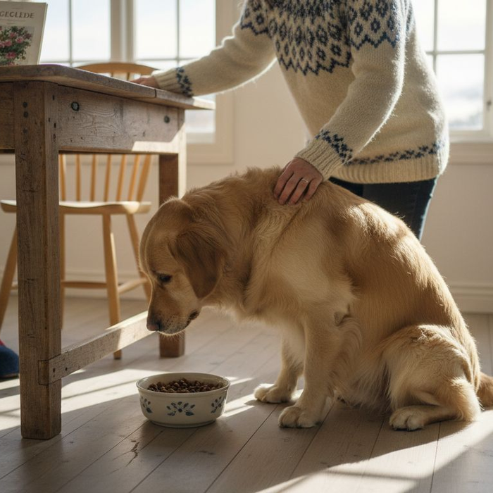 En hund som koser seg med bærekraftig mat i et varmt og hjemmekoselig kjøkken.