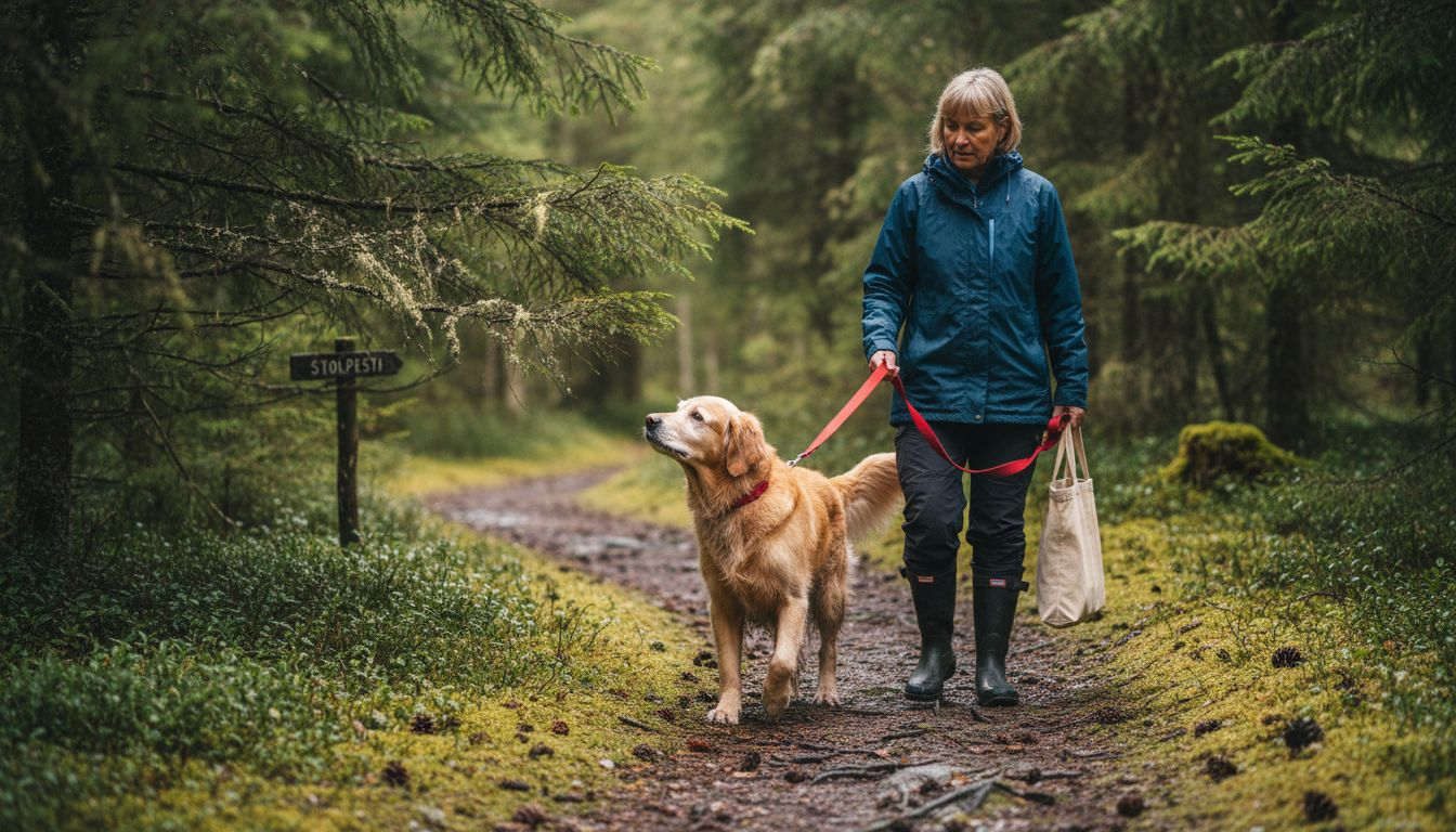 En gyllen retriever koser seg på tur i skogen sammen med eieren sin.