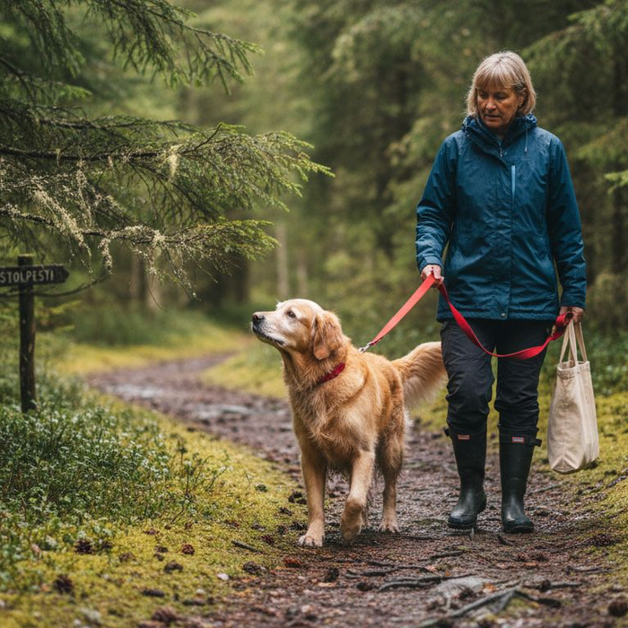 En gyllen retriever koser seg på tur i skogen sammen med eieren sin.