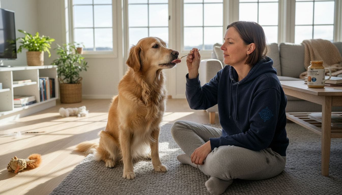 Hunden får tilskudd direkte fra hånden til eieren.