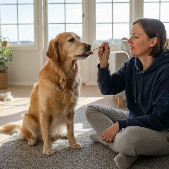 Hunden får tilskudd direkte fra hånden til eieren.