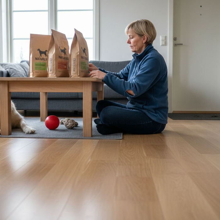Hund og eier tester ut hundemat hjemme