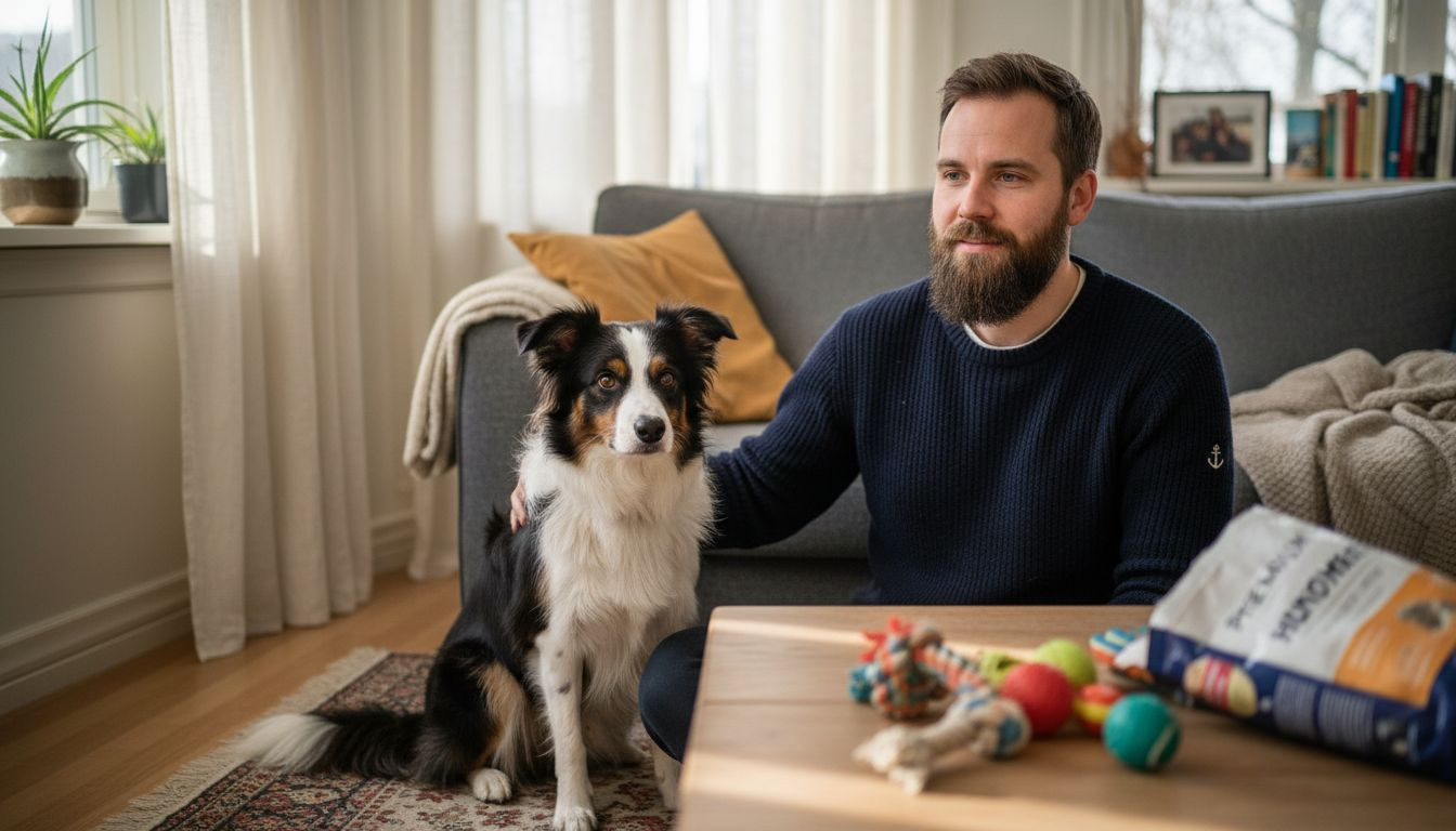 En hund order roer ned en urolig border collie hjemme i stua.