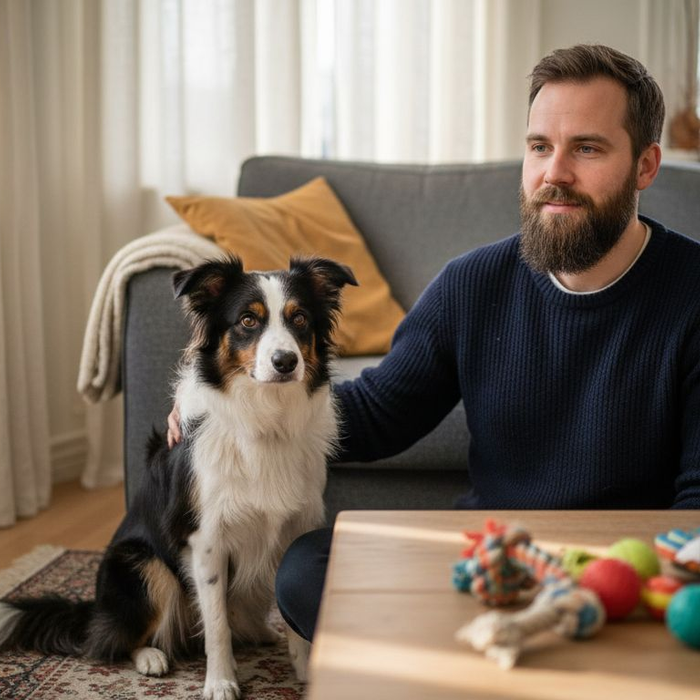 En hund order roer ned en urolig border collie hjemme i stua.