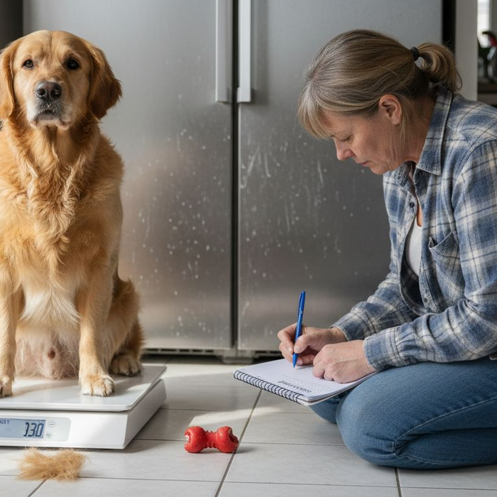 Hunden blir veid på kjøkkenet som en del av helsesjekken