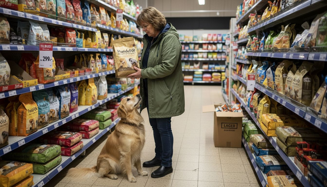 Hundeeier ser gjennom personalternativer til hunden i butikken og vurderer hva som er best for sin firbeinte venn.