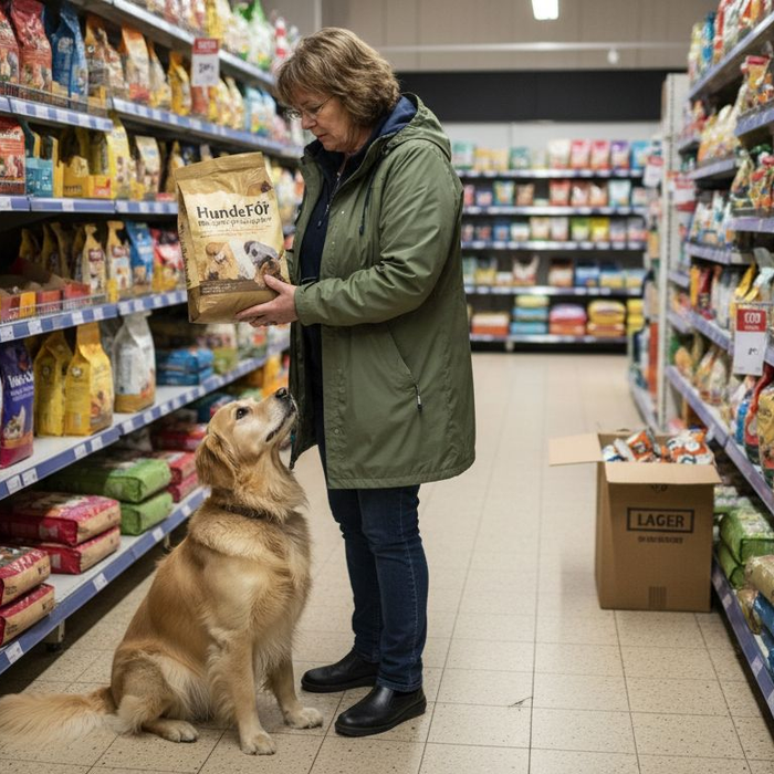 Hundeeier ser gjennom personalternativer til hunden i butikken og vurderer hva som er best for sin firbeinte venn.