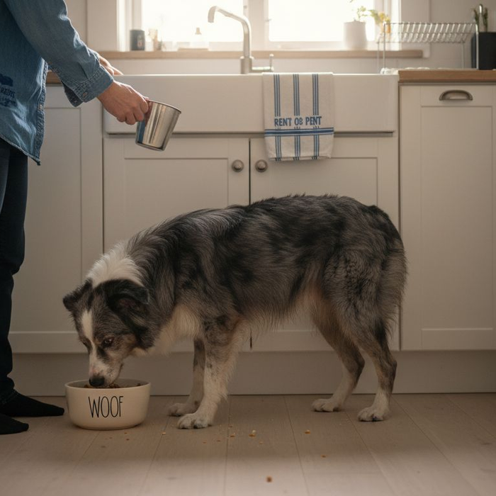 Hjemme får border collien min hundemat som er anbefalt av veterinær.