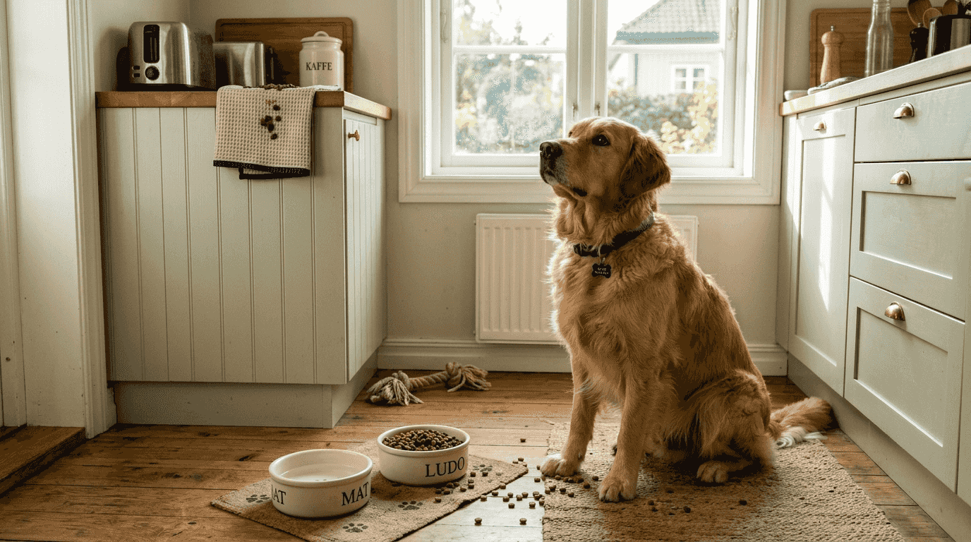 En golden retriever sitter forventningsfull og venter på et kornfritt måltid.