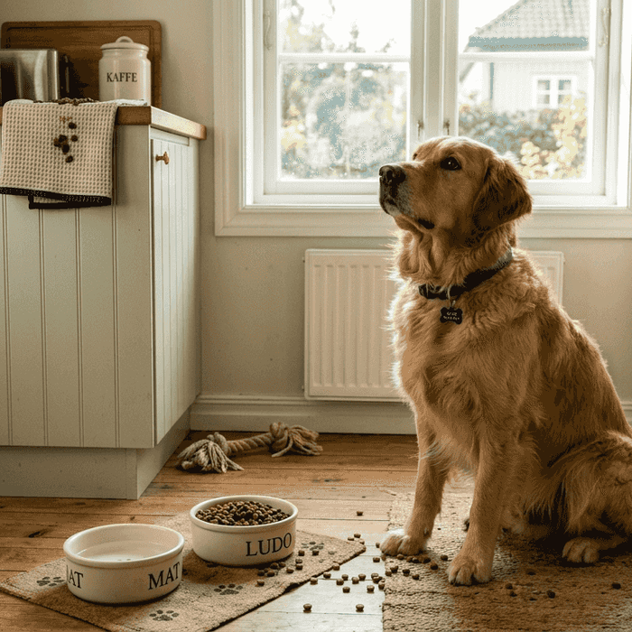 En golden retriever sitter forventningsfull og venter på et kornfritt måltid.