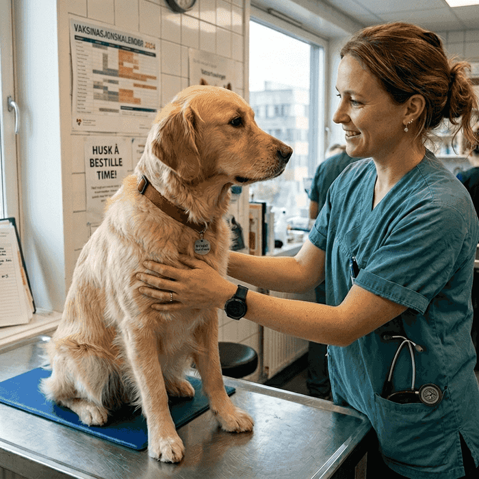 En veterinær undersøker en golden retriever for allergier.