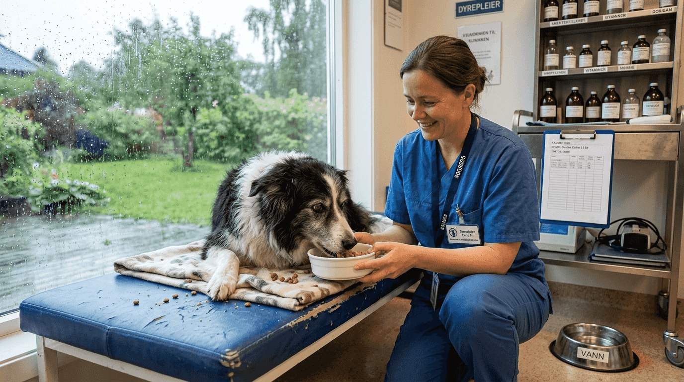 Veterinæren gir hunden ekstra næring for å støtte helsen mens den er syk.