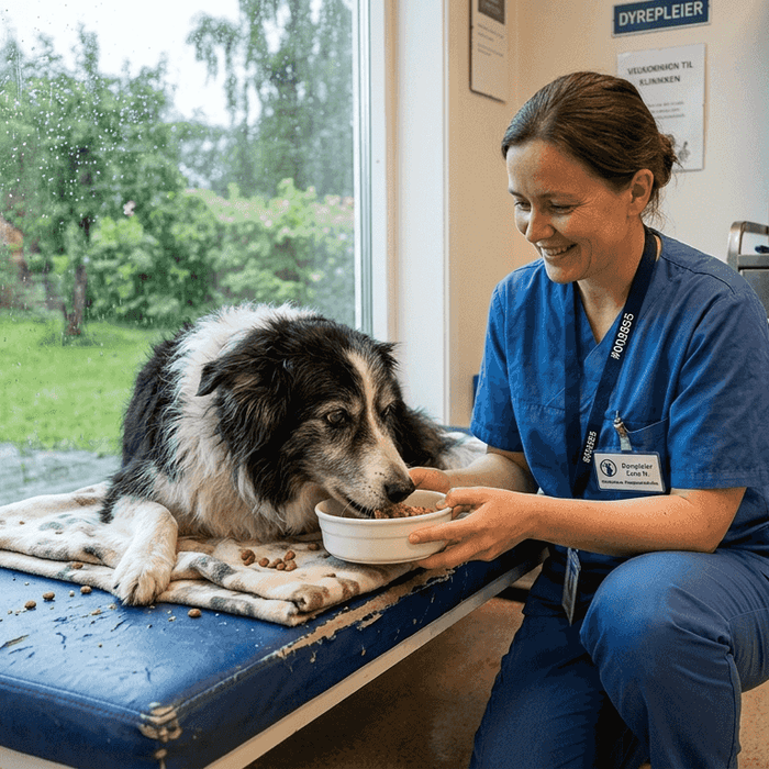 Veterinæren gir hunden ekstra næring for å støtte helsen mens den er syk.