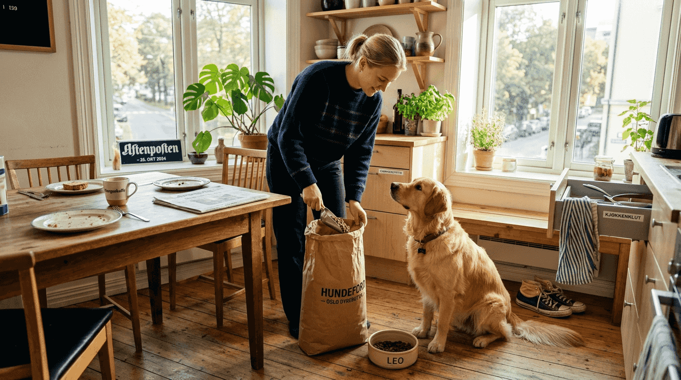 En glad golden retriever får mat i det lyse kjøkkenet.