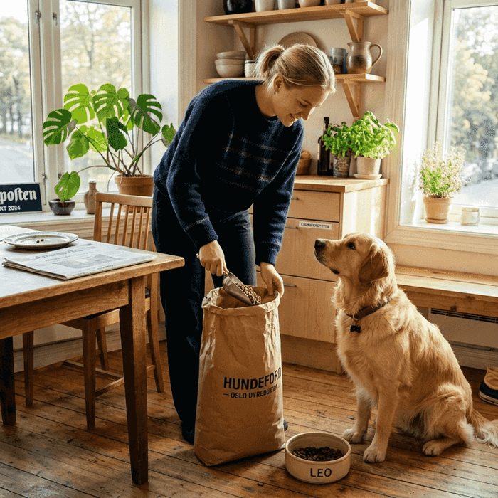 En glad golden retriever får mat i det lyse kjøkkenet.