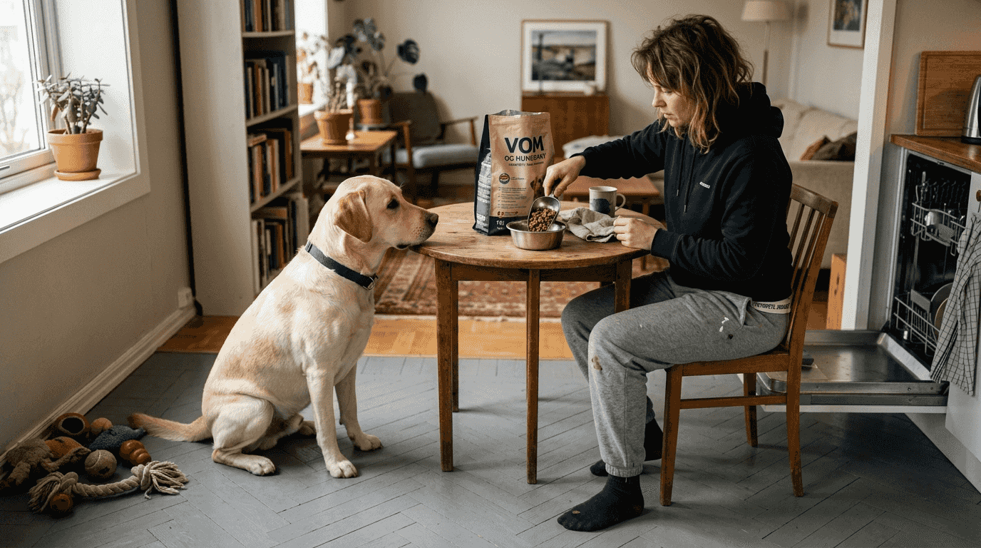 Hund og eier sjekker hvor mye allergivennlig hundemat de har hjemme