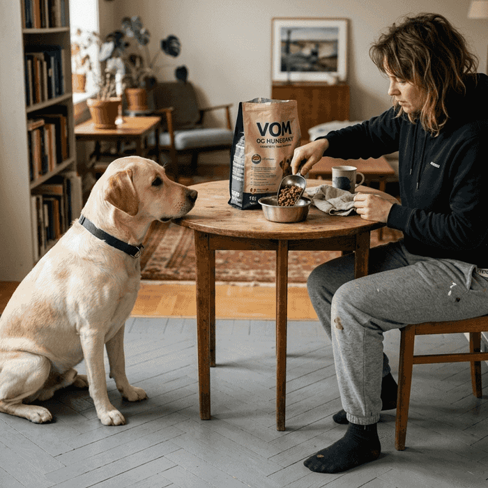 Hund og eier sjekker hvor mye allergivennlig hundemat de har hjemme