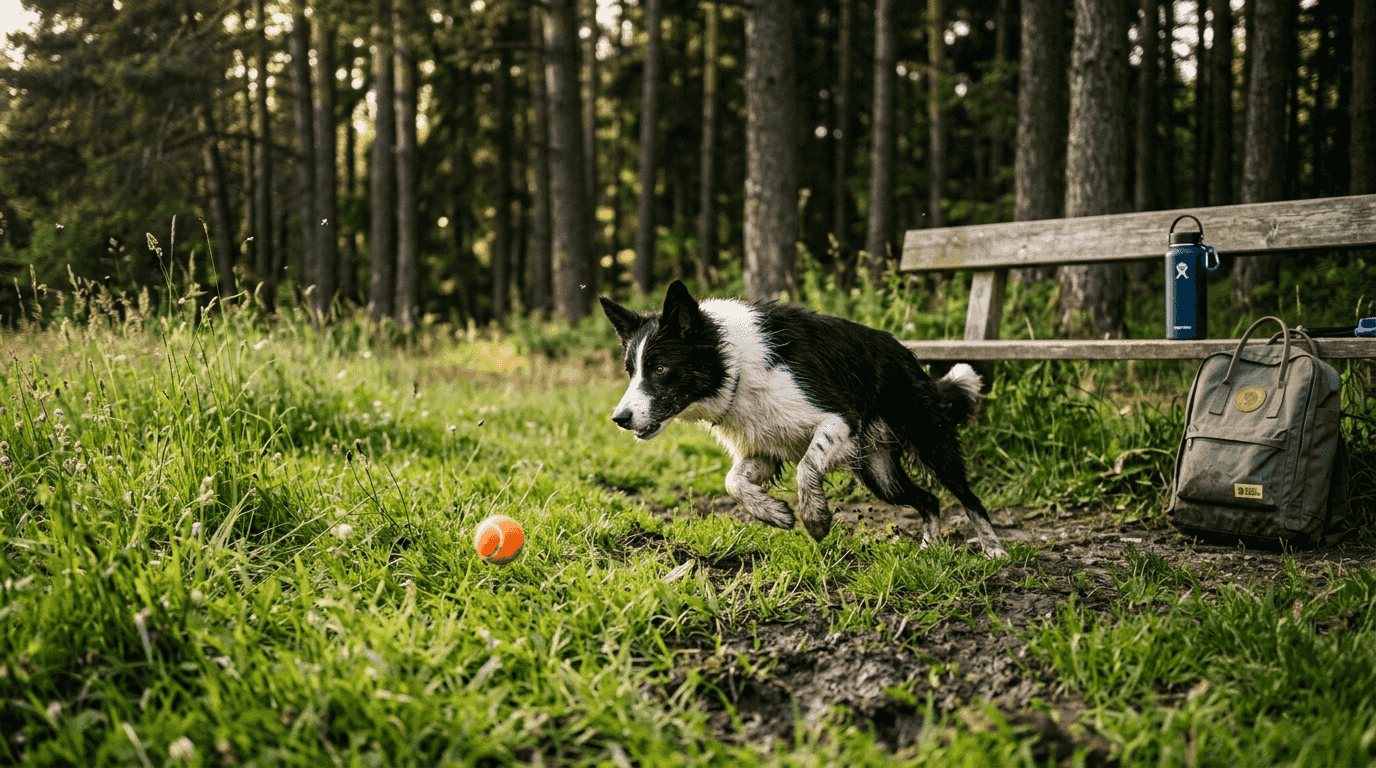 En energisk hund leker ute og får i seg næringsrik mat underveis.