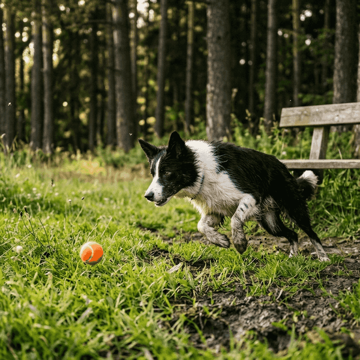 En energisk hund leker ute og får i seg næringsrik mat underveis.