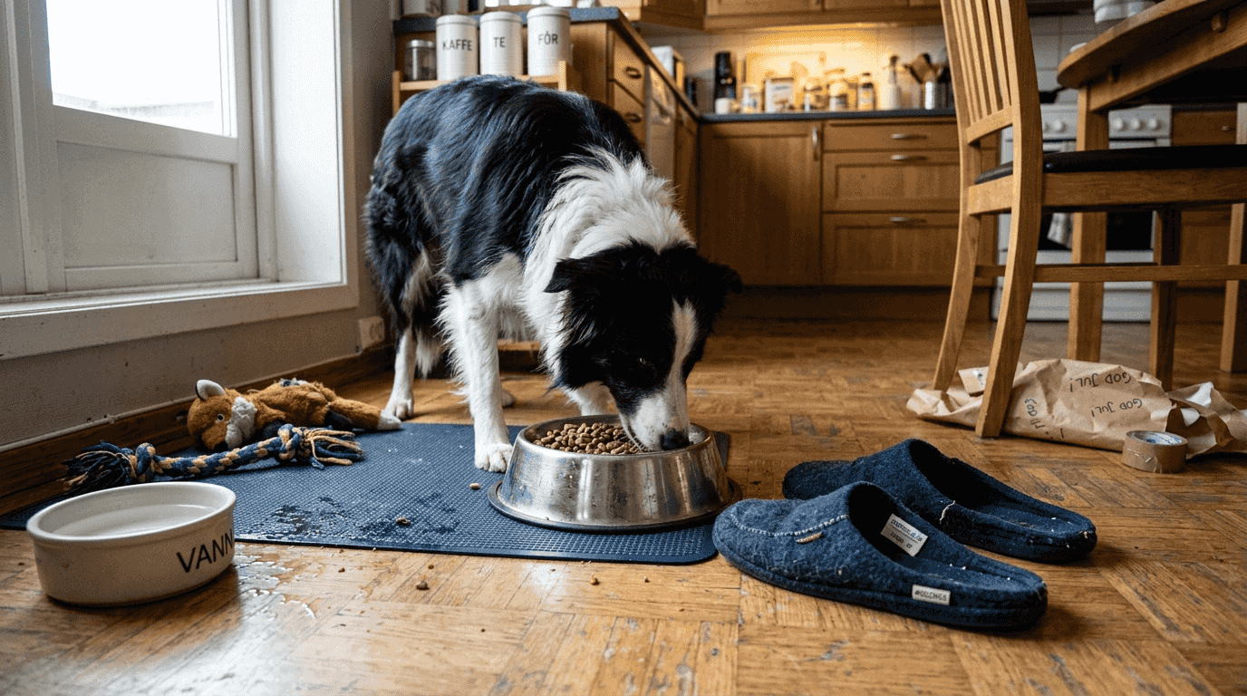 En border collie nyter tørrfôr hjemme i stua