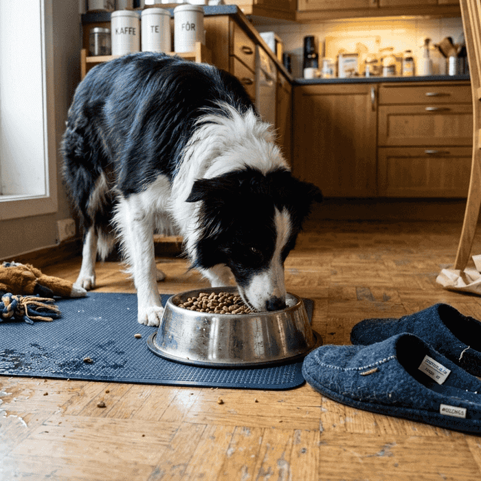 En border collie nyter tørrfôr hjemme i stua
