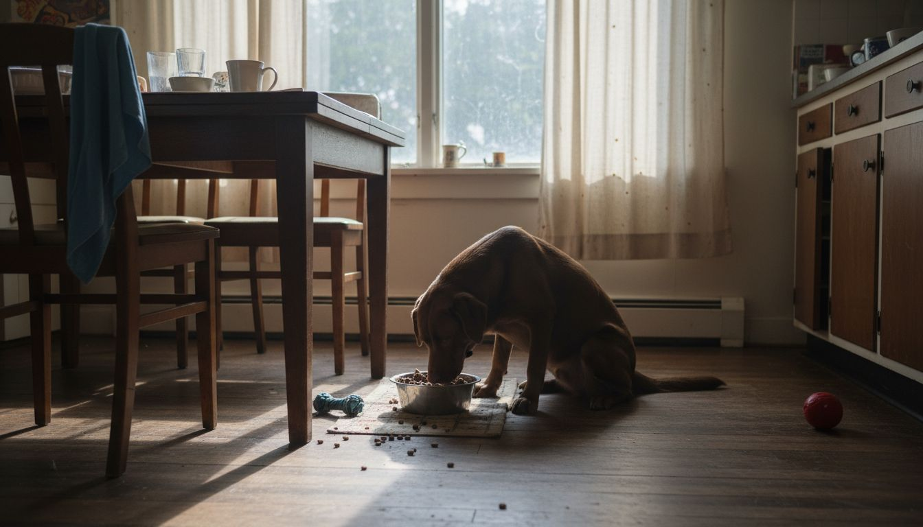 En labrador koser seg med hundemat på kjøkkenet hjemme.