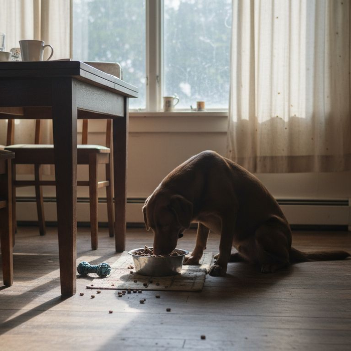 En labrador koser seg med hundemat på kjøkkenet hjemme.