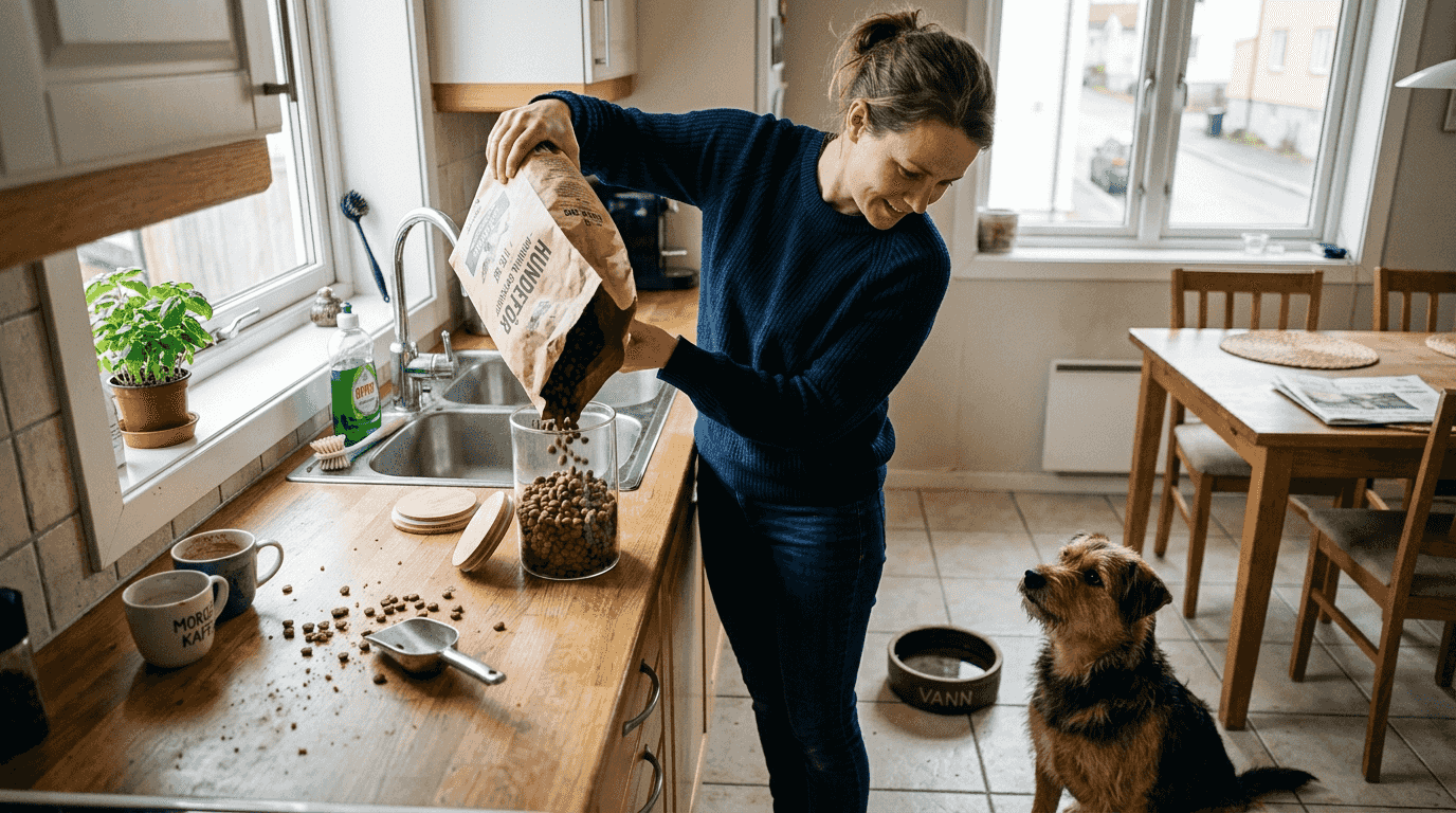 En hundeeier oppbevarer tørrfôr til hunden på kjøkkenet hjemme.