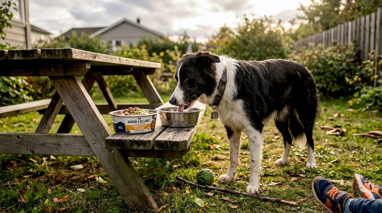 En energisk hund står spent ved matskålen sin ute i hagen.