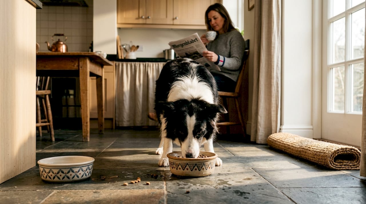 En border collie koser seg med sunn mat på kjøkkenet.