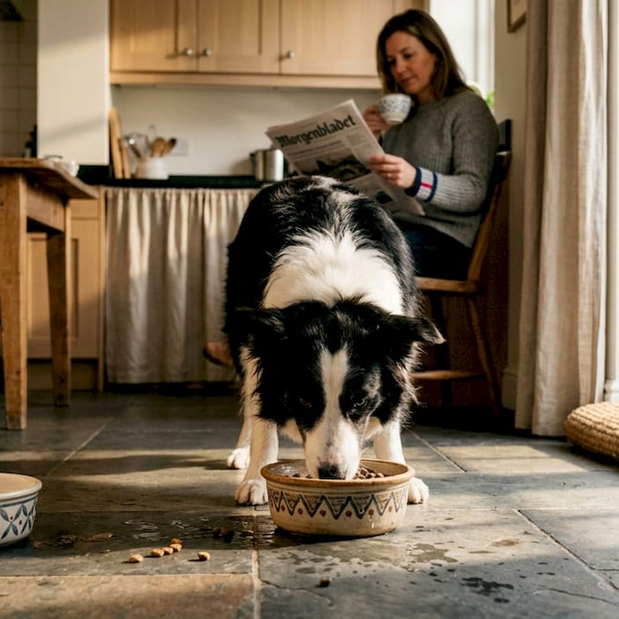 En border collie koser seg med sunn mat på kjøkkenet.