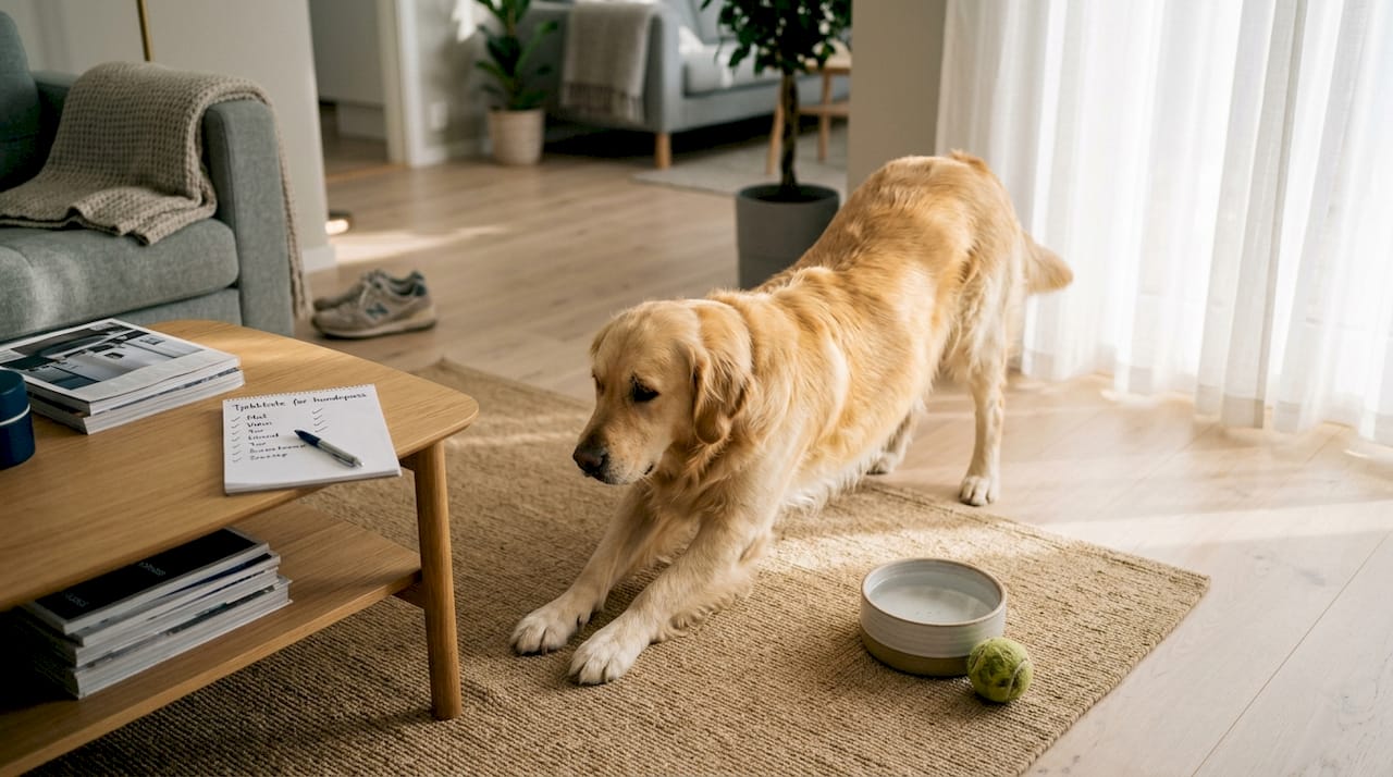 En frisk og fornøyd hund strekker seg i en lun og hyggelig stue.
