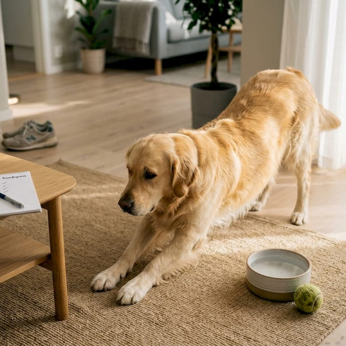En frisk og fornøyd hund strekker seg i en lun og hyggelig stue.