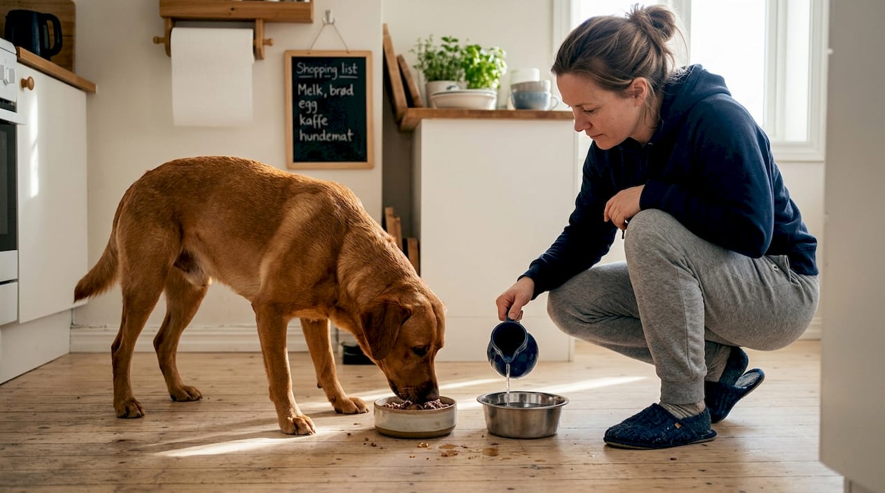 Hunden koser seg med maten sin mens eieren fyller opp vannskålen på kjøkkenet.